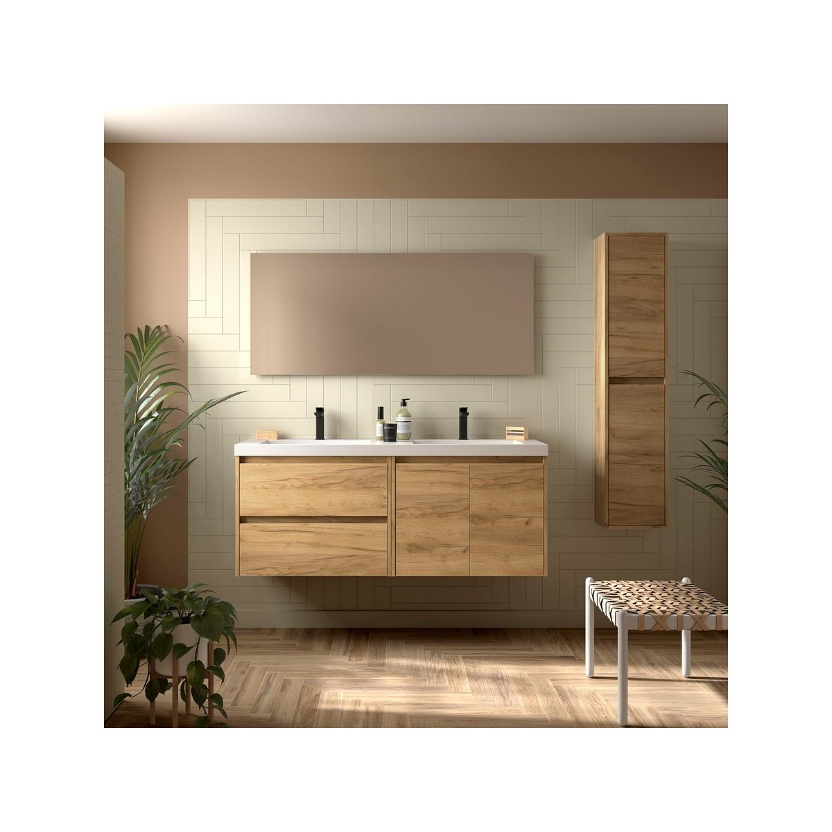 Ensemble Meuble Plan Vasque Miroir Applique NOJA II 1400 2 tiroirs 2 portes Chêne Africain P450 - SALGAR 119262 