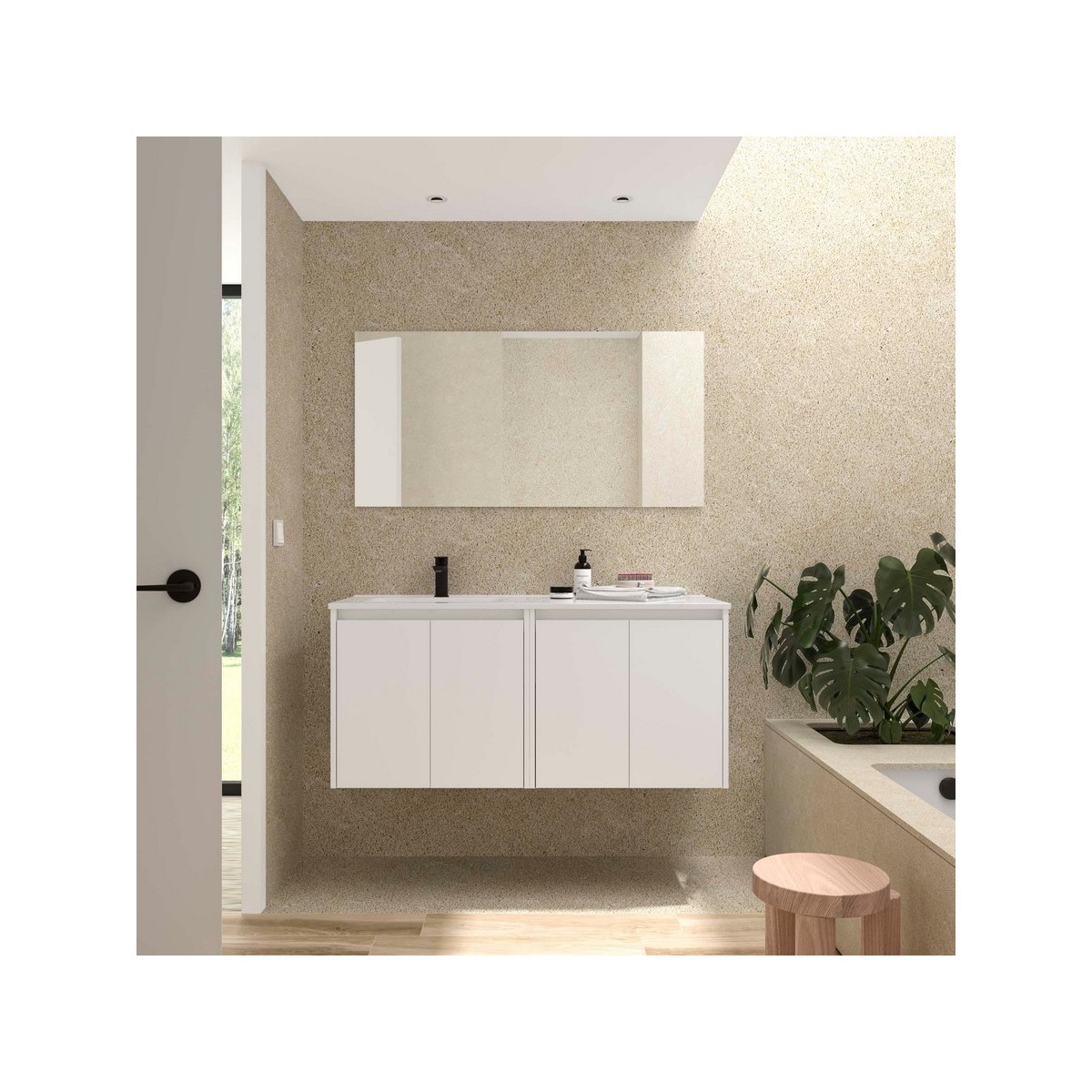 Ensemble Meuble Plan Vasque Miroir Applique NOJA II 1200 4 portes Blanc satiné P450 - SALGAR 119676 