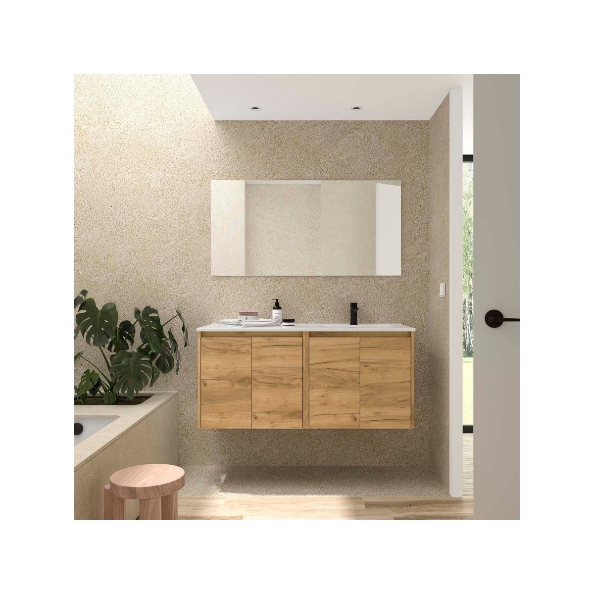 Ensemble Meuble Plan Vasque Miroir Applique NOJA II 1200 4 portes Chêne Africain P450 - SALGAR 119692 