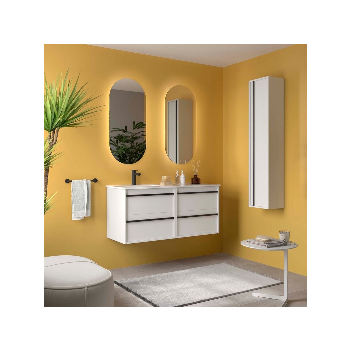 Ensemble Meuble Plan Vasque Miroir Applique ATTILA 1200 4 tiroirs Blanc satiné P450 - SALGAR 119832 