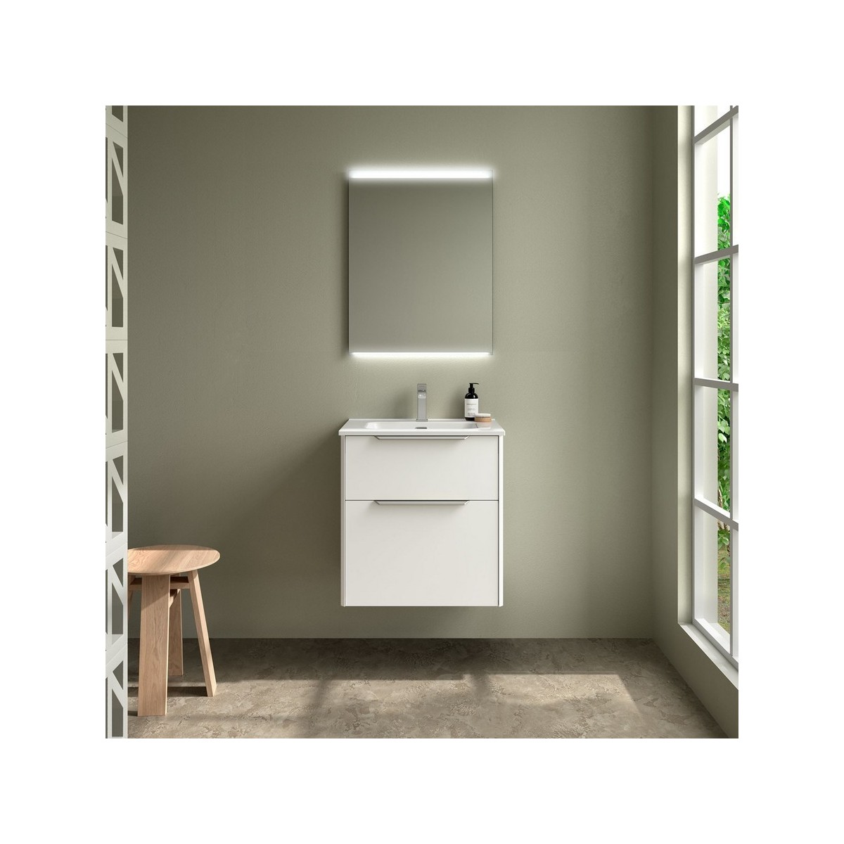 Ensemble Meuble Plan vasque et miroir LUVA 600 2 tiroirs Blanc satiné P450 - SALGAR 119850 