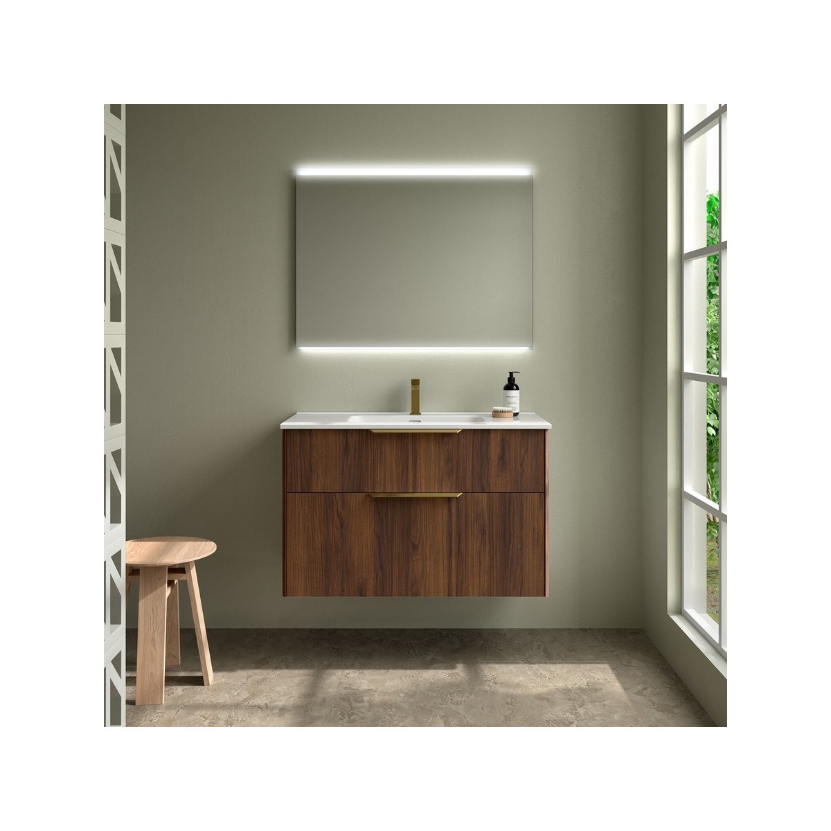 Ensemble Meuble Plan vasque et miroir LUVA 1000 2 tiroirs Noyer Maya P450 - SALGAR 119859 