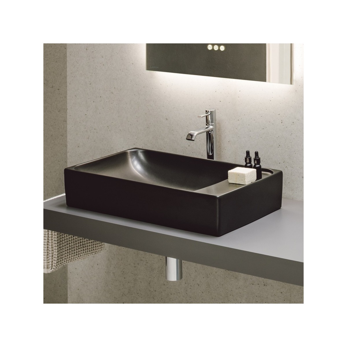 Meda vasque à poser avec plage de robinetterie à gauche graphite mat 600x350x120 - LAUFEN H8121137581121 