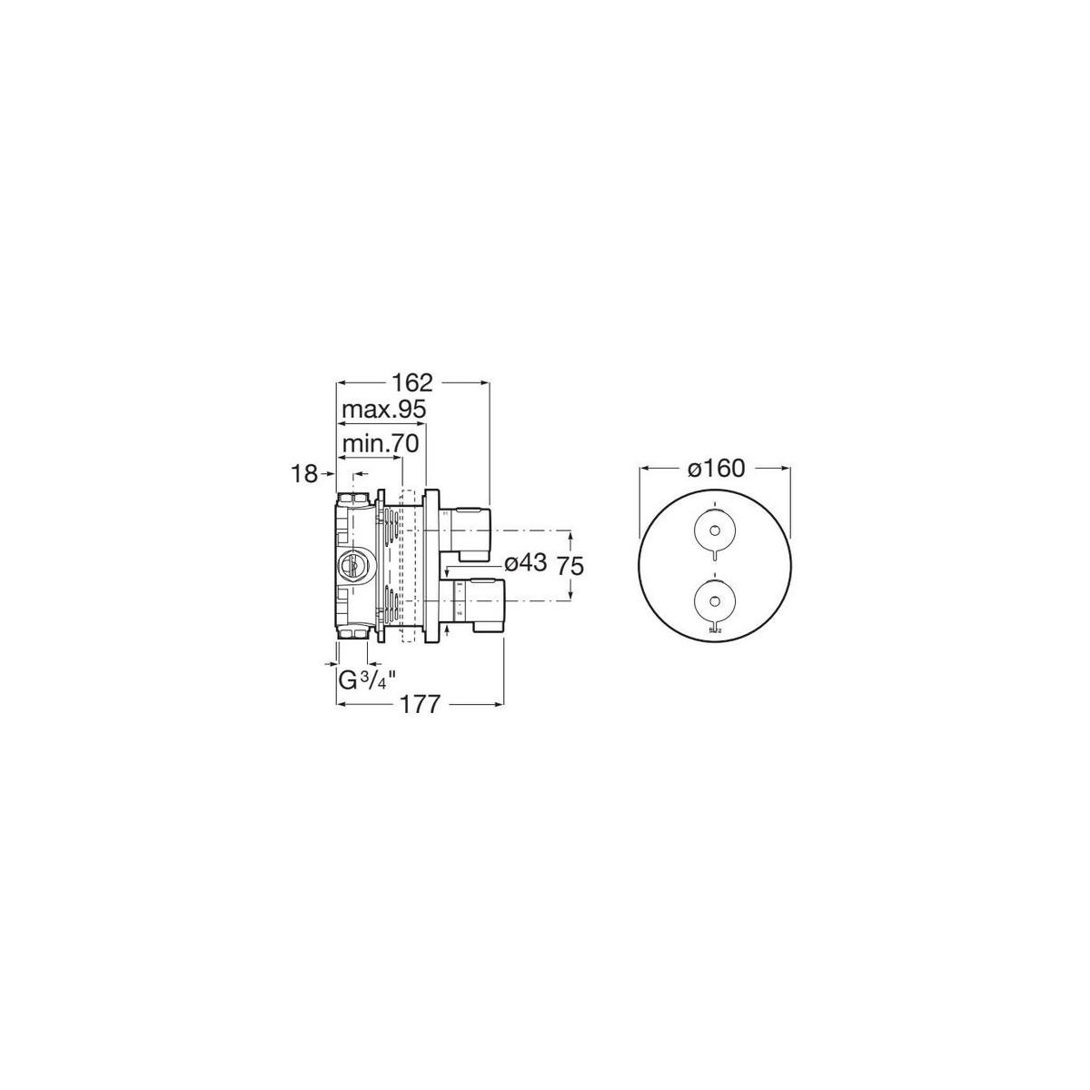 T-500 mitigeur thermostatique 2 voies avec inverseur régulateur de débit chromé - ROCA A5A0C18C00 