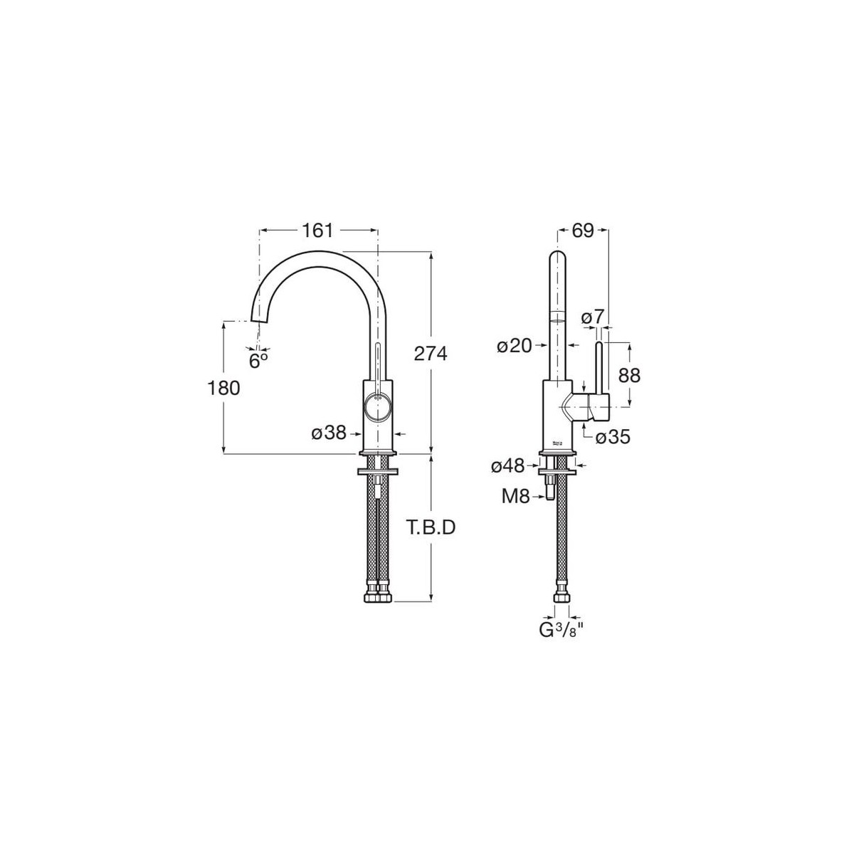 Nu mitigeur lavabo "l" avec poignée latérale corps lisse poignée fine chromé - ROCA A5A4A3FC00 