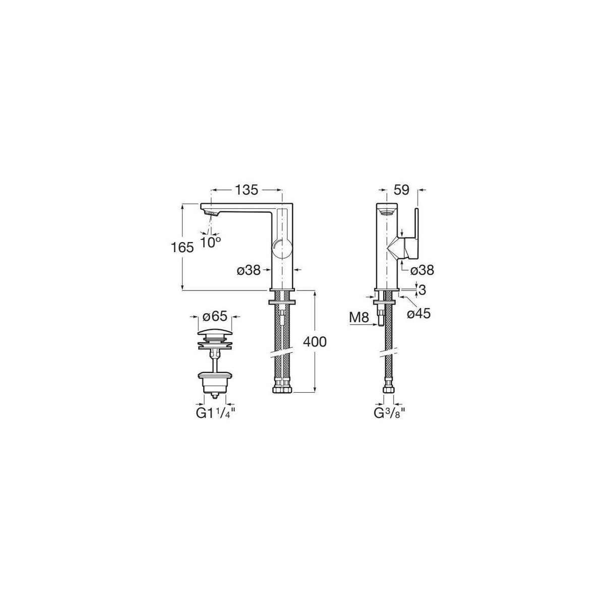 Targa mitigeur l pour lavabo corps lisse poignée latérale avec vidage clic-clac - ROCA A5A405FGM0 