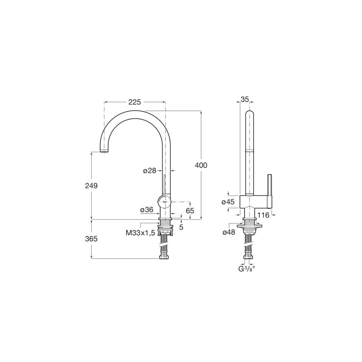 Ona mitigeur évier monotrou à bec tube mobile pvd acier inoxydable - ROCA A5A841FSM0 