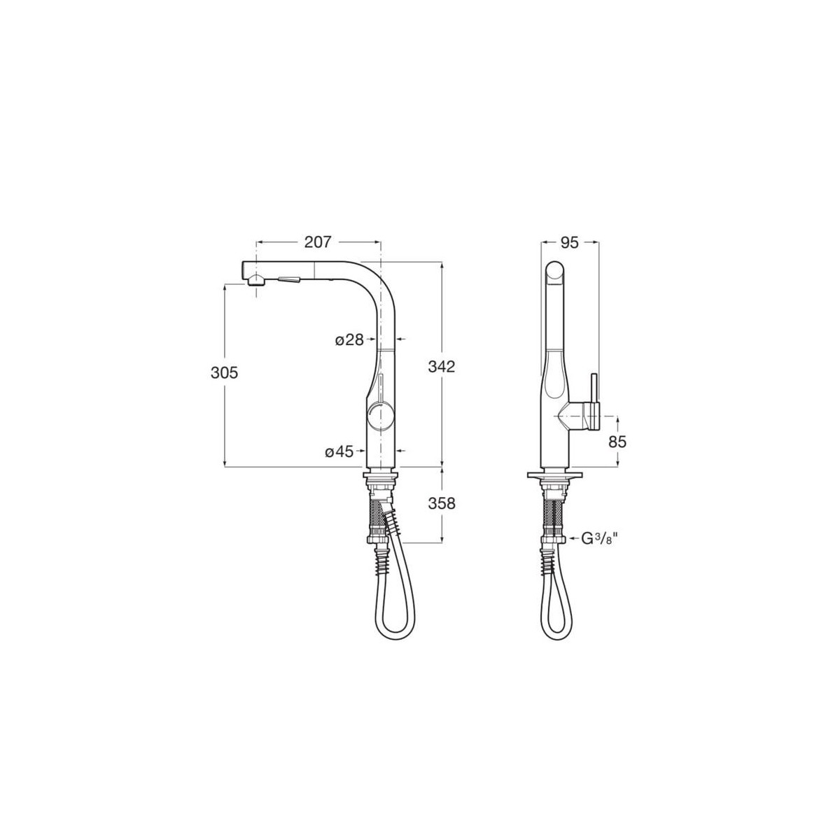 Glera mitigeur Evier Bec Tube Mobile+Douchette Extr - ROCA A5A854DC00 