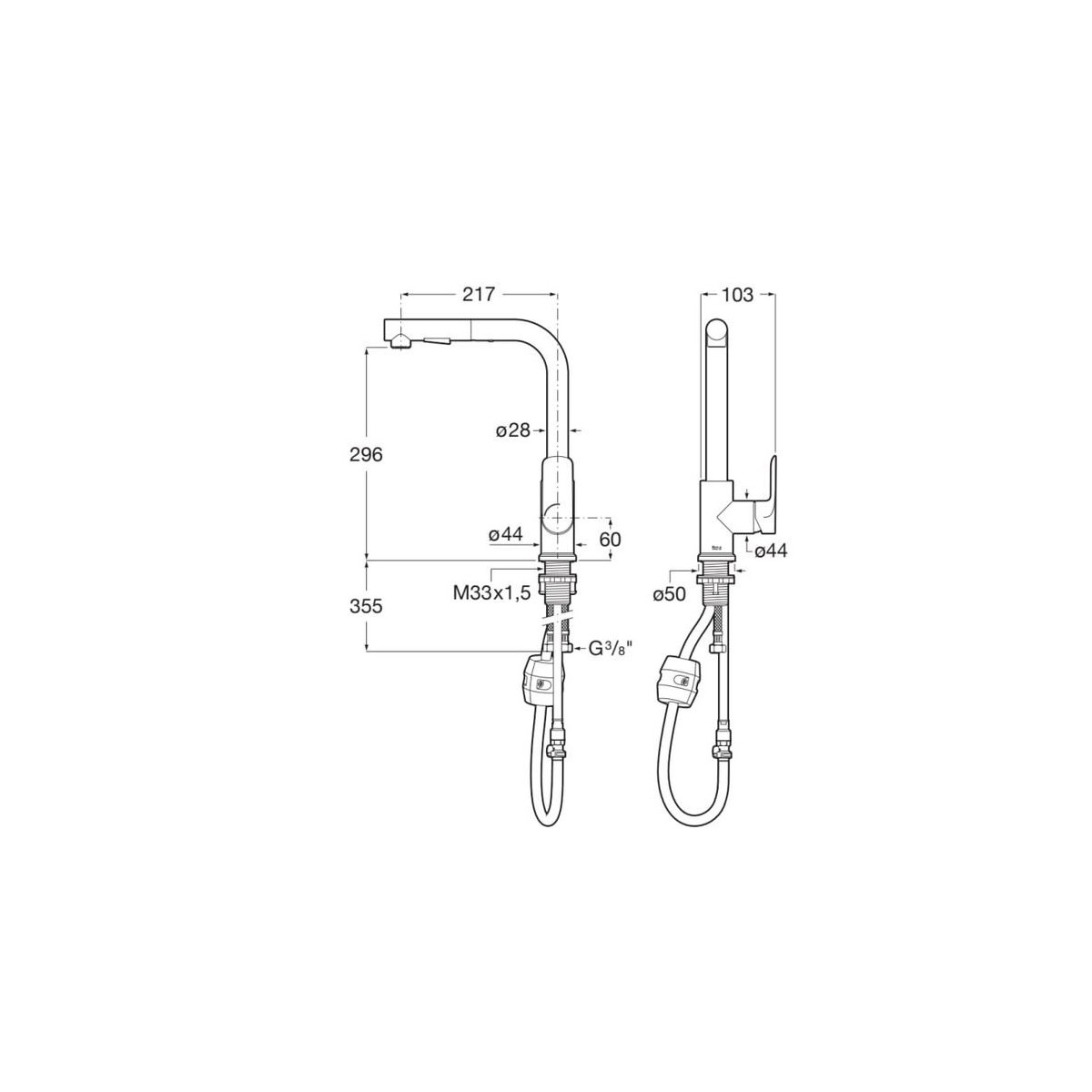 Mitigeur évier monotrou à bec tube mobile douchette extractible 2F - ROCA A5A856EC00 