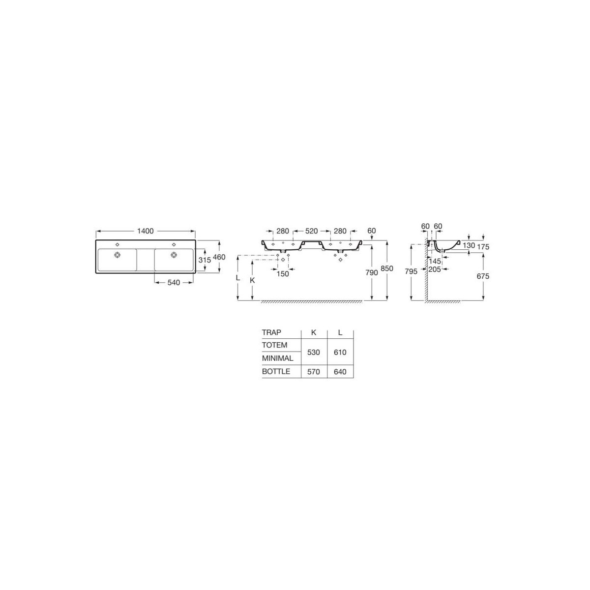 The gap lavabo mural double avec jeu de fixations 1400x460x60 - ROCA A3270MU000 