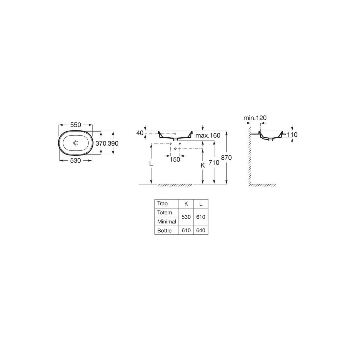 The gap round vasque à encastrer non percée avec trop plein 55x39x4 cm - ROCA A3270Y5000 