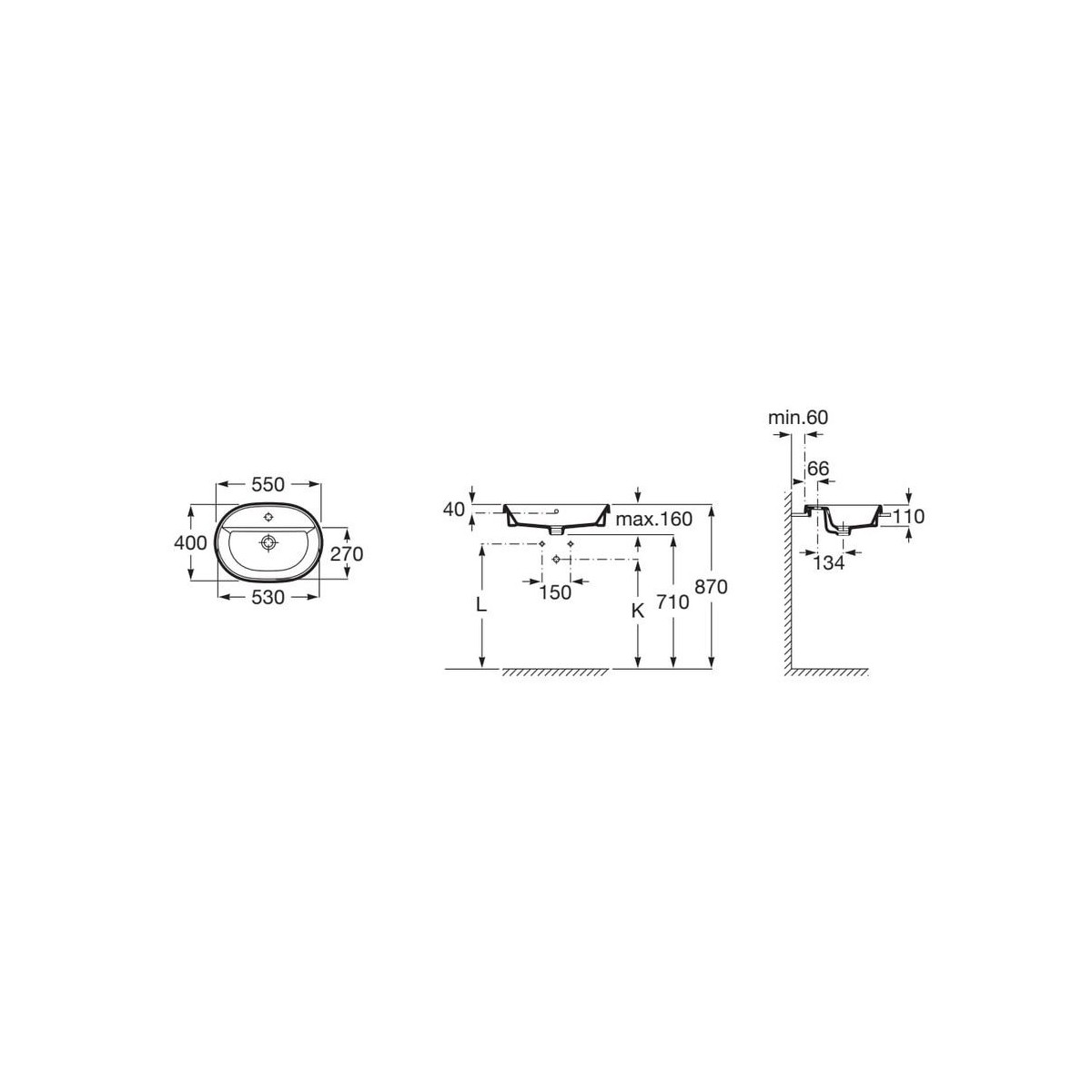 The gap round vasque à encastrer percée 1 trou avec trop plein 55x40x4 cm - ROCA A3270Y6000 