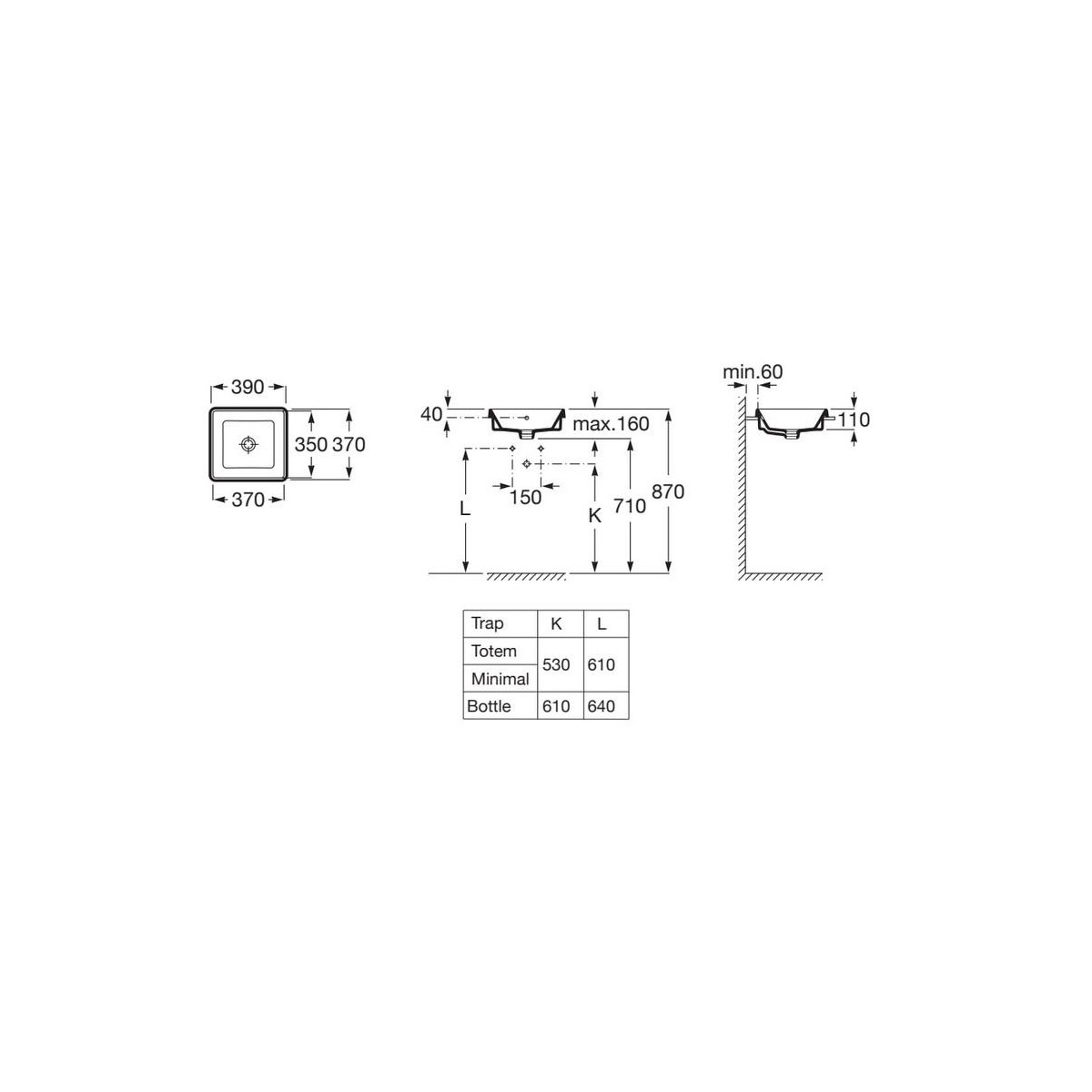 The gap square vasque à encastrer non percée avec trop plein 39x37x4 cm - ROCA A3270Y7000 