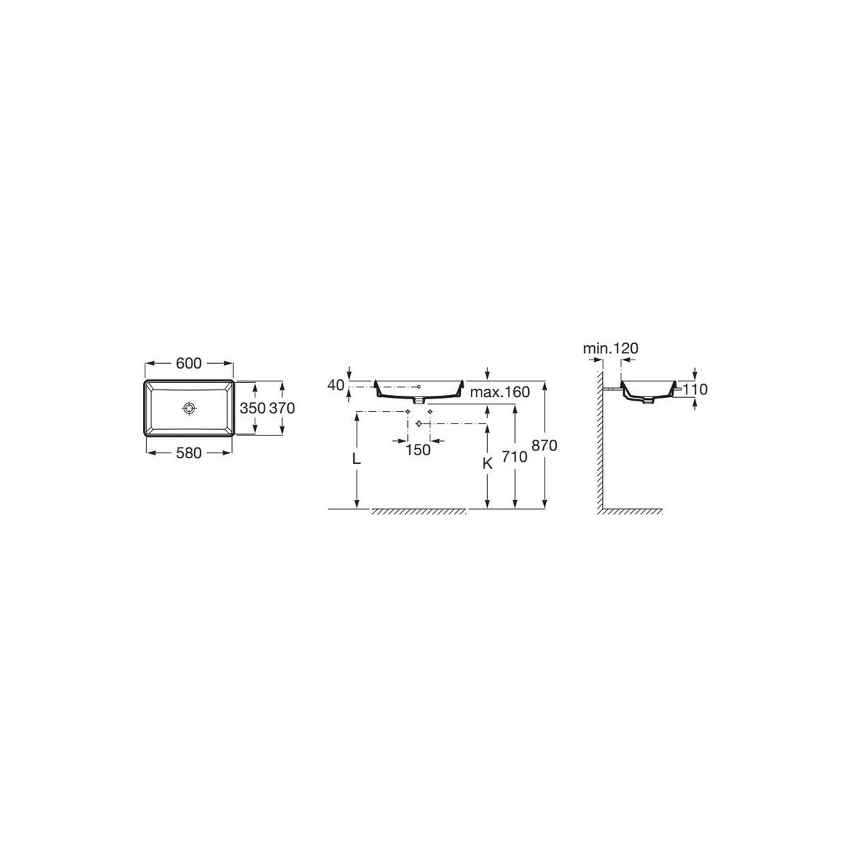 The gap square vasque à encastrer non percée avec trop plein 60x37x4 cm - ROCA A3270Y8000 