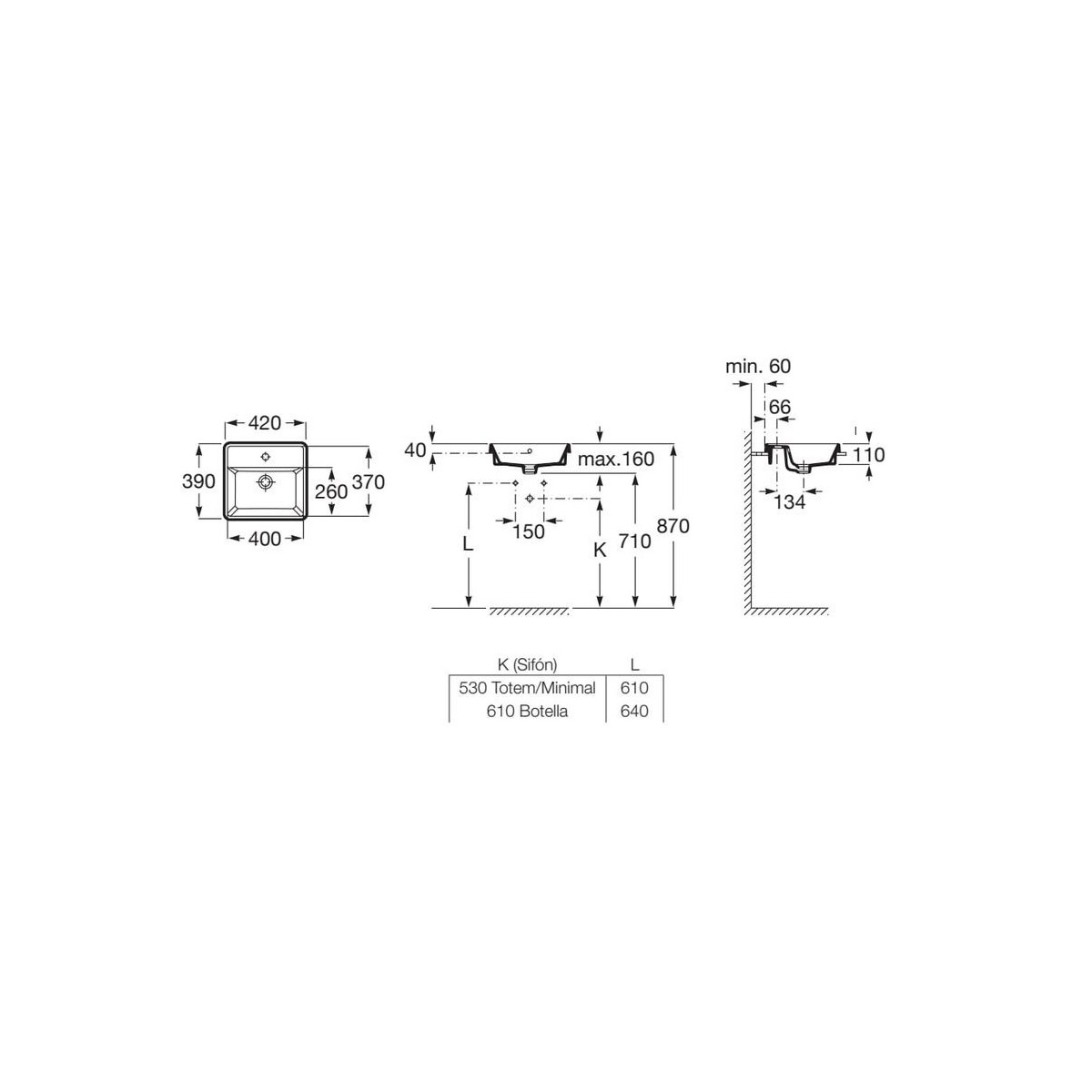 The gap square vasque à encastrer percée 1 trou avec trop plein 42x39x4 cm - ROCA A3270Y9000 