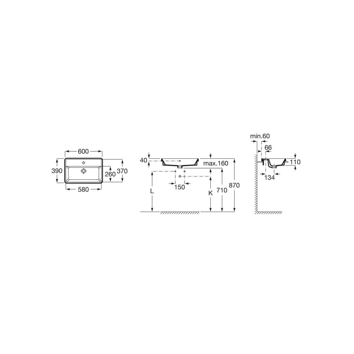 The gap square vasque à encastrer percée 1 trou avec trop plein 60x39x4 cm - ROCA A3270YA000 