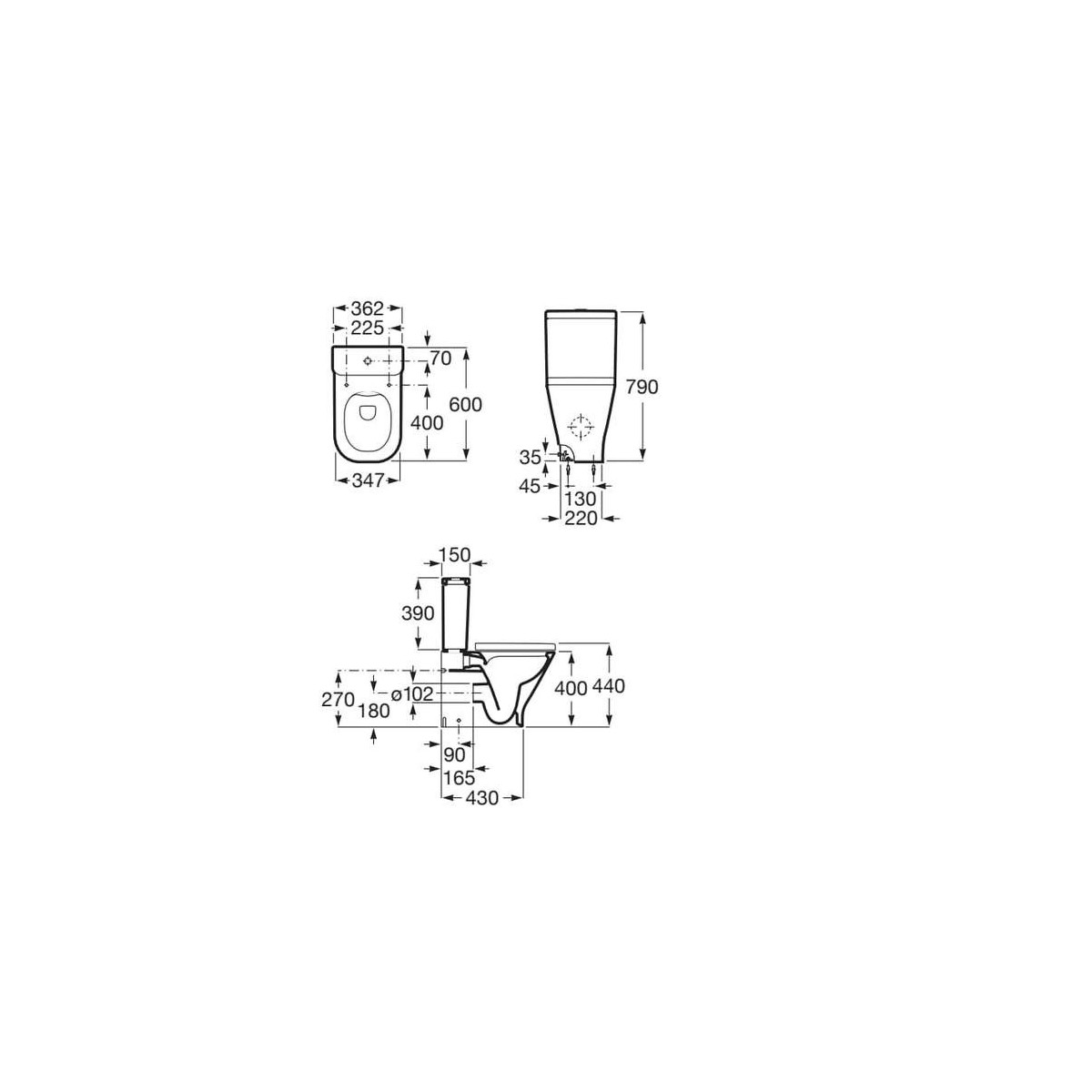 The gap square cuvette compacte duale sans bride 600 mm fixations murales. blanc - ROCA A34273A000 