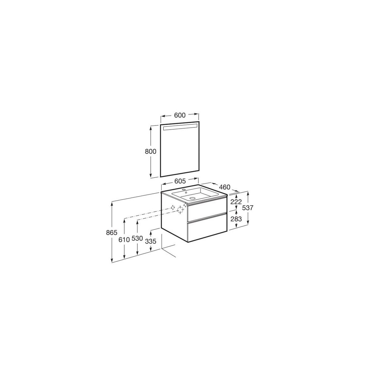 The Gap Pack 2 Tiroirs (Unik+Miroir) 600Mm Gris Moyen Mat/Poignées Noires - ROCA A851509547 