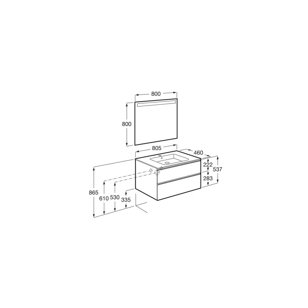 The Gap Pack 2 Tiroirs (Unik+Miroir) 800Mm Bleu Mat/ Poignées Noires - ROCA A851511548 