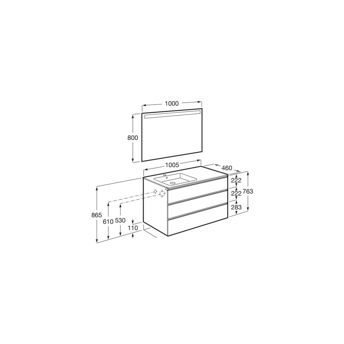 The Gap Pack 3T Lav Gche 1000Mm (Unik+Miroir) Blanc Brillant - ROCA A851522806 