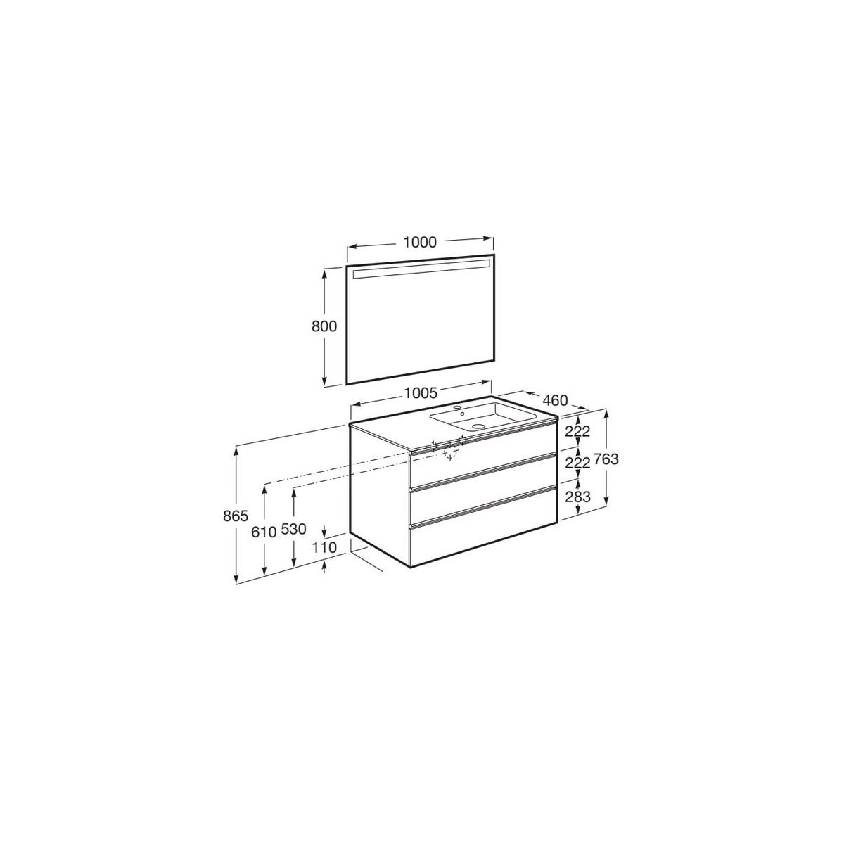 The Gap Pack 3T Lavabo À Droite 1000Mm Gris Moyen Mat/Poignées Noires - ROCA A851523547 