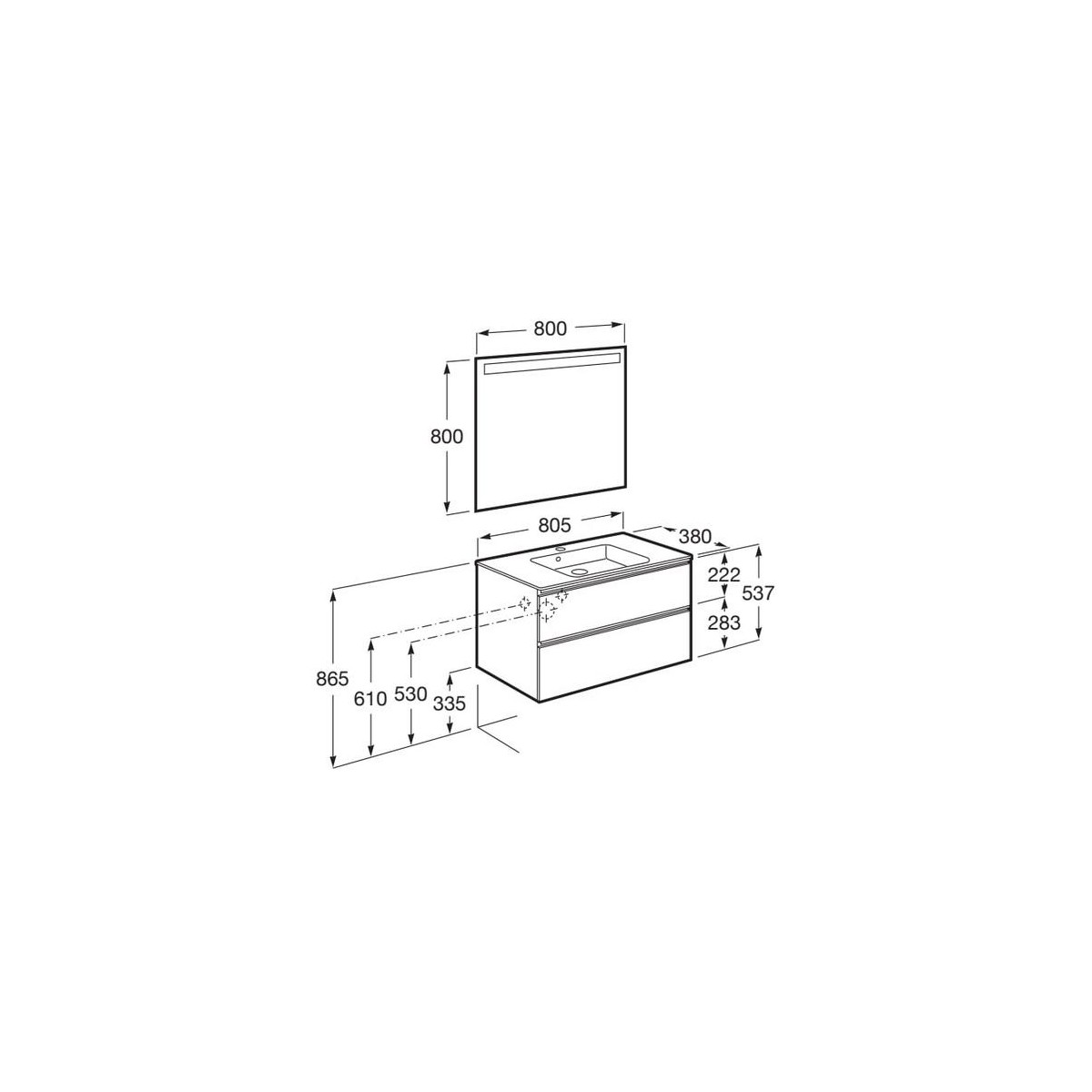 The Gap Pack Compact 2 Tiroirs (Unik+Miroir) 800Mm Noyer/Poignées Noires - ROCA A851528517 