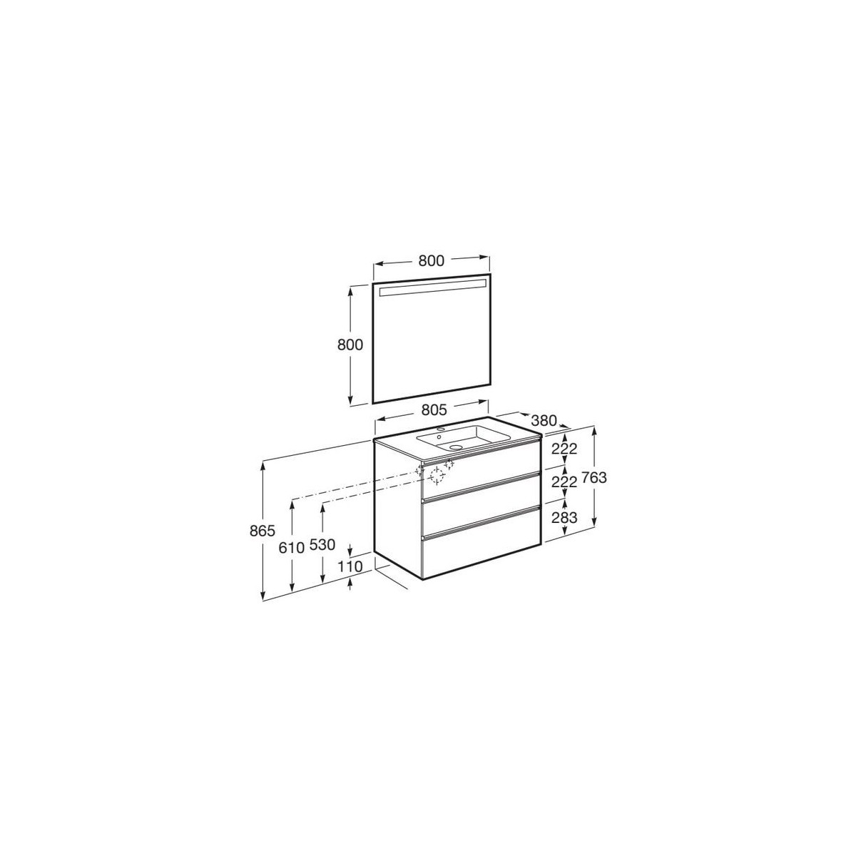 The Gap Pack Compact 3 Tiroirs (Unik+Miroir) 800Mm Noyer/Poignées Noires - ROCA A851530517 