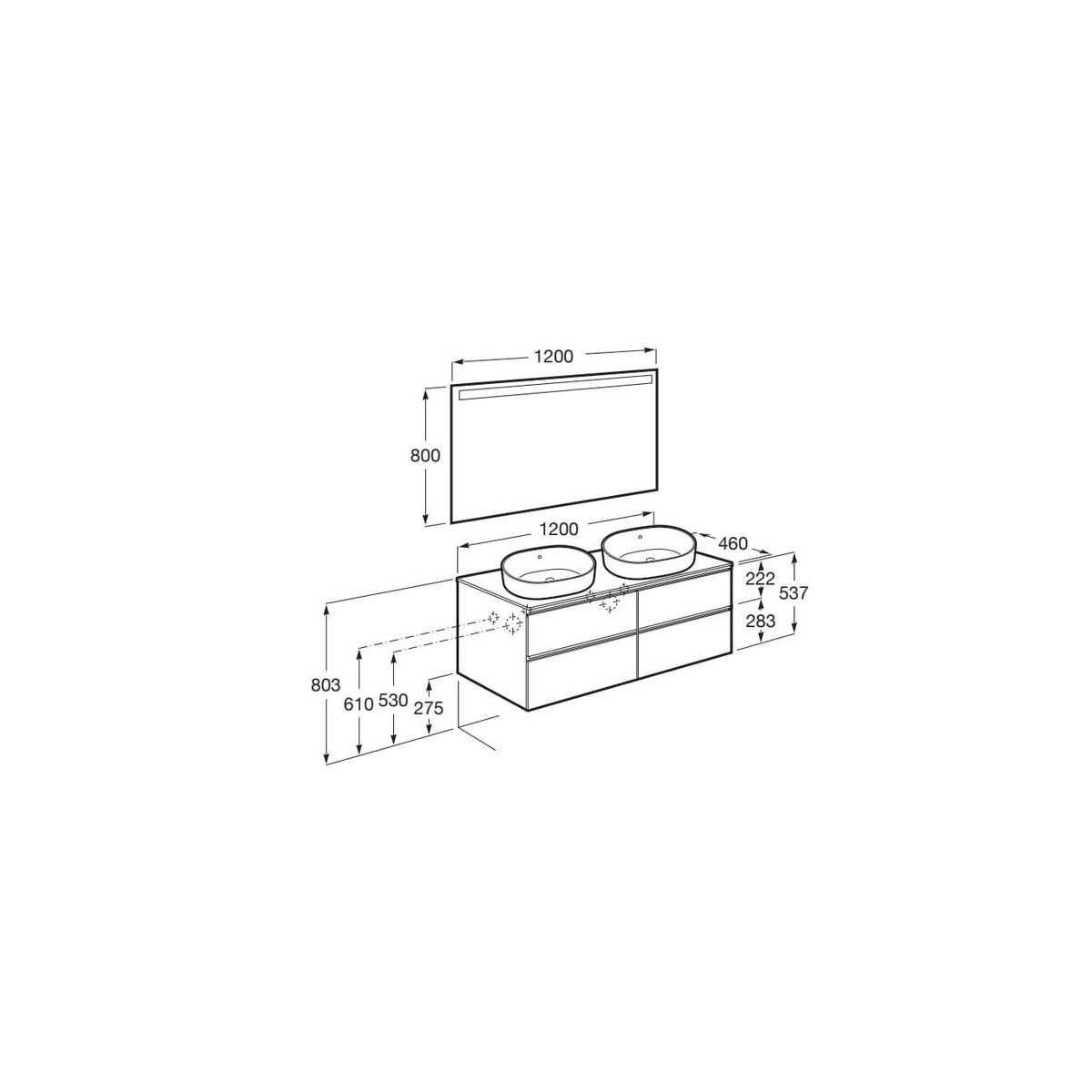 The Gap Pack Pour 2 Vasques À Poser 1200Mm Gris Moyen Mat/Poignées Noires - ROCA A851537547 