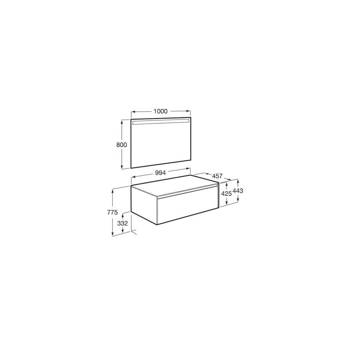 Ona Pack Meuble 1T+Plan Pr Lav Centré+Miroir 1000 Gris Mat-Roca A851714510 