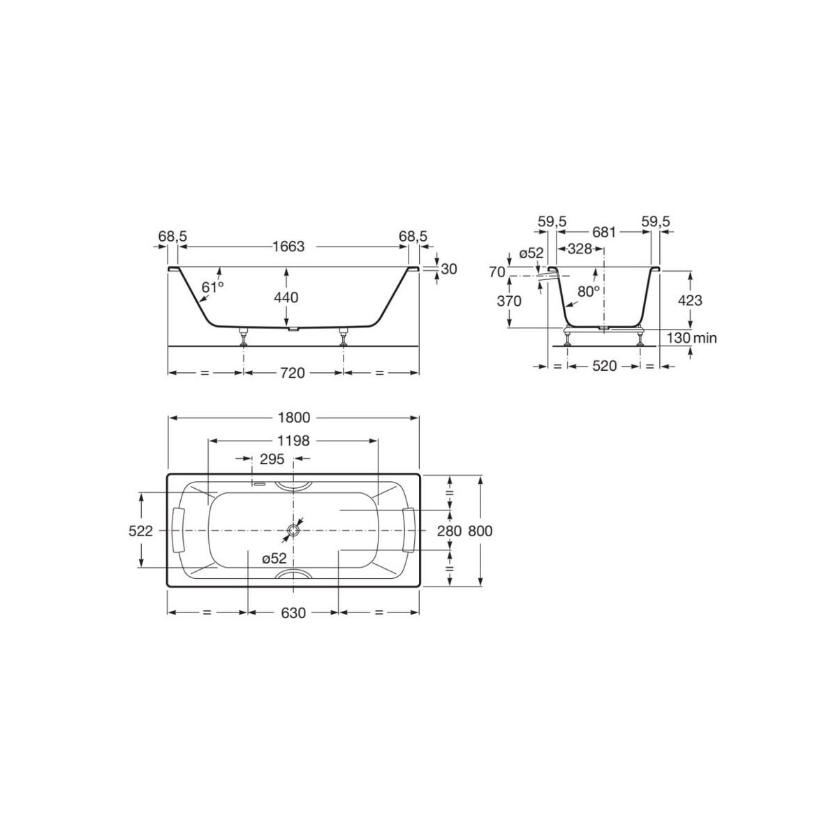 Baignoire acier émaillée LUN PLUS Blanc 1800X800 mm avec poignées en métal chromé - ROCA A221250001 