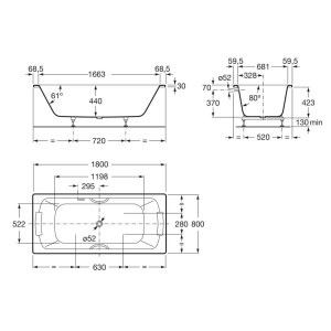 Baignoire acier émaillée LUN PLUS Blanc 1800X800 mm avec poignées en métal chromé - ROCA A221250001 