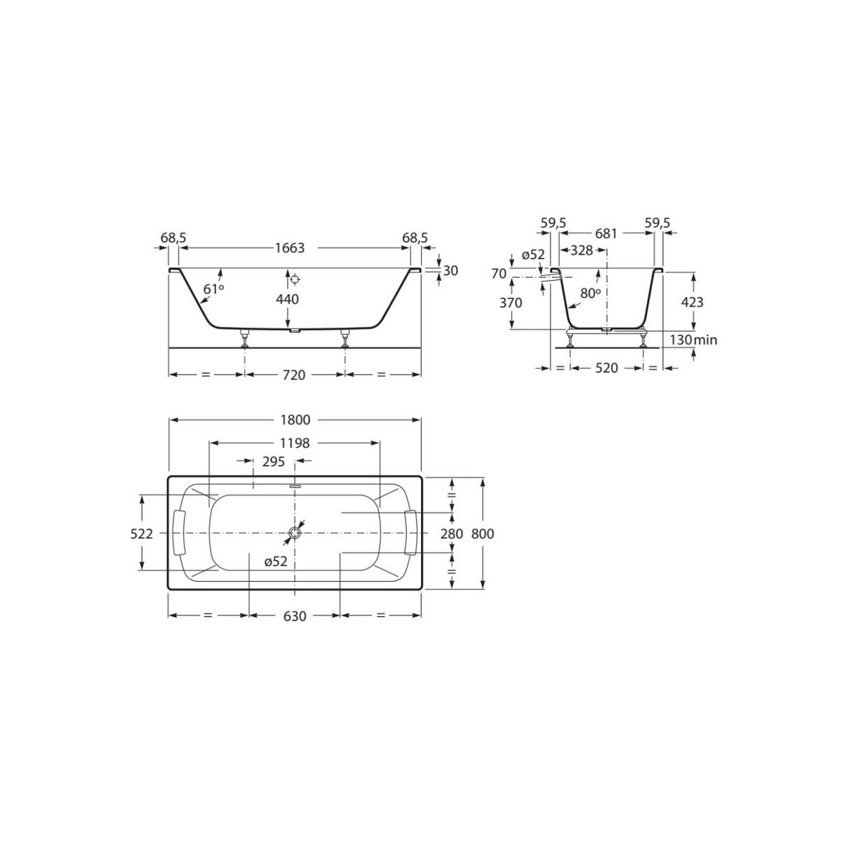 Baignoire acier émaillée avec fond antidérapant 1800X800 Blanc LUN - ROCA A221270000 