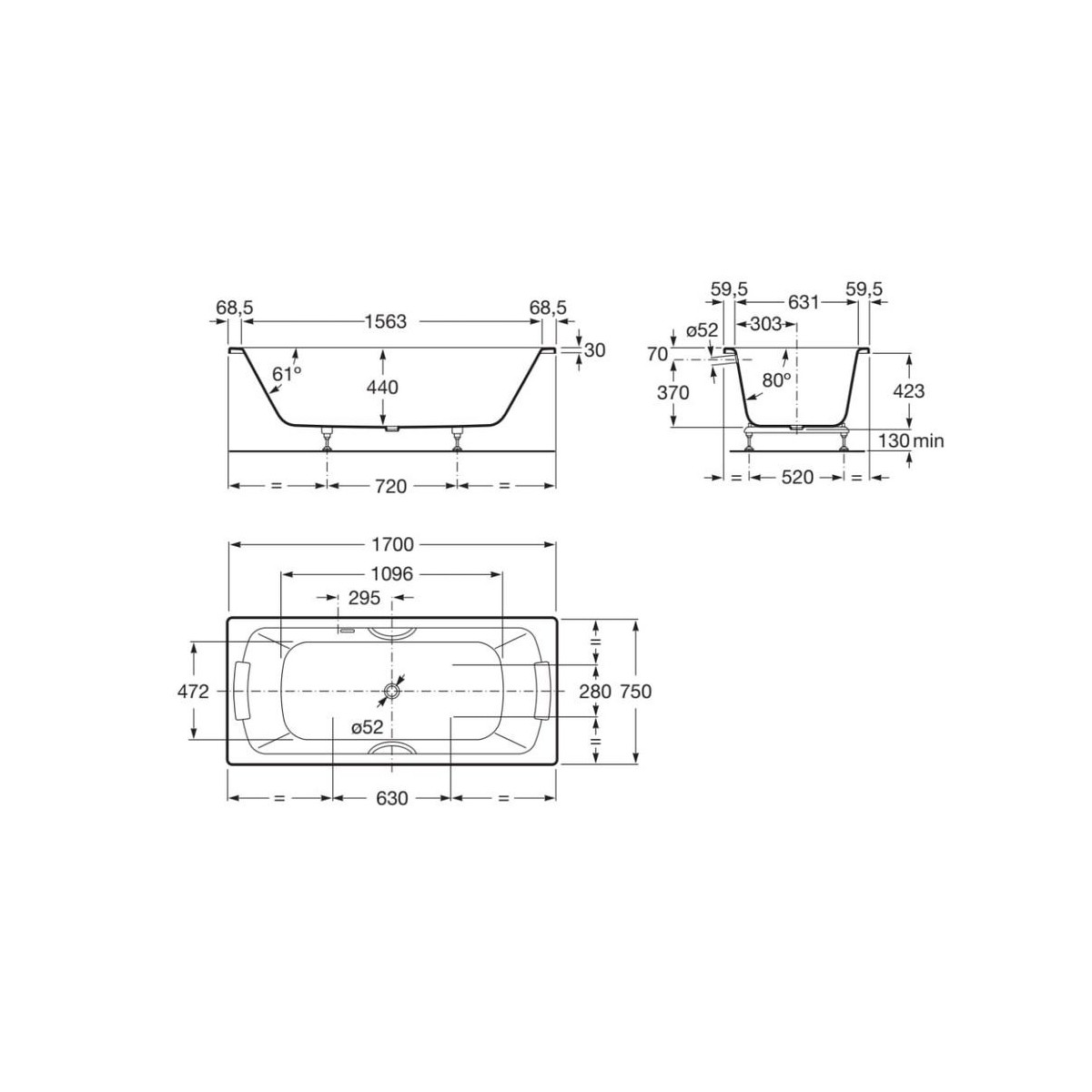 ROCA Lun Plus Baig.Acier 1700X750X440 Fad/Pieds+Poignees Blanc - A221350001 