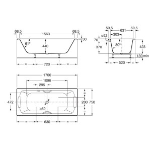 ROCA Lun Plus Baig.Acier 1700X750X440 Fad/Pieds+Poignees Blanc - A221350001 