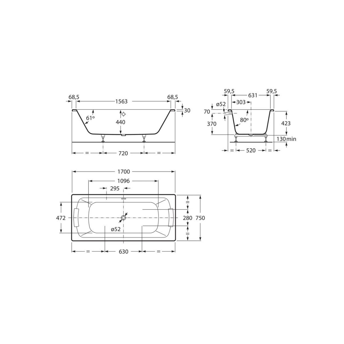 Baignoire acier émaillée avec fond antidérapant 1700X750 Blanc LUN - ROCA A221370000 