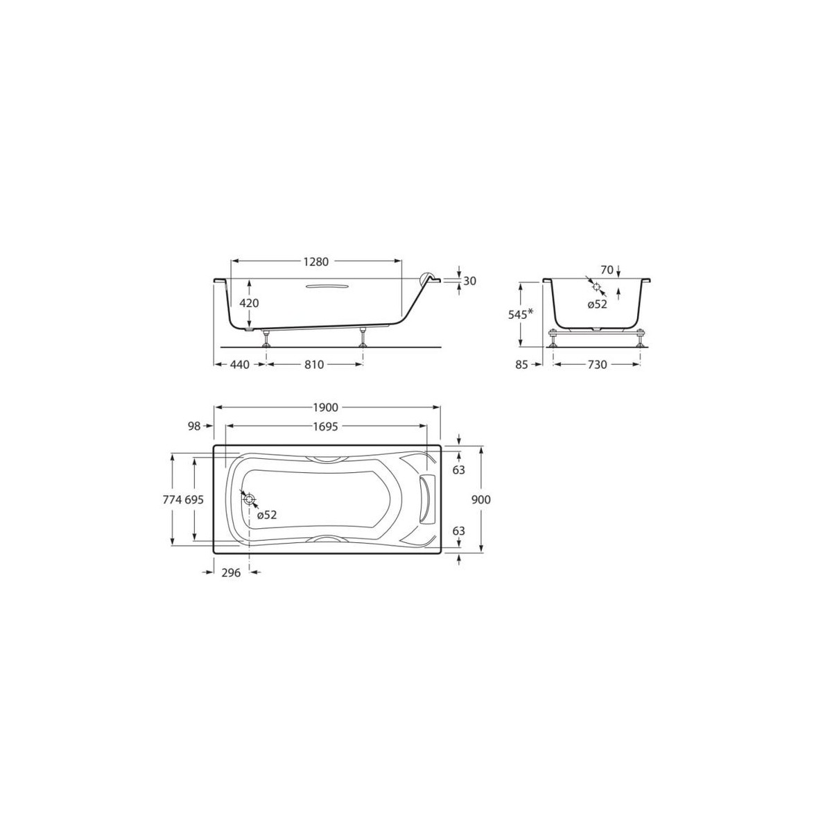 ROCA Becool Baignoire Hm Total 1900X900 A/Poig.App-Tt Blanc - A248046001 