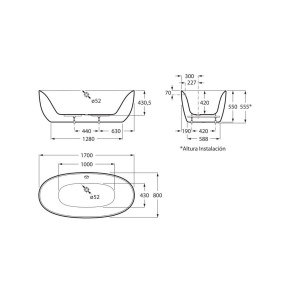 Baignoire acrylique elliptique en îlot avec tablier 1700X800 Blanc Virginia - ROCA A248313000 