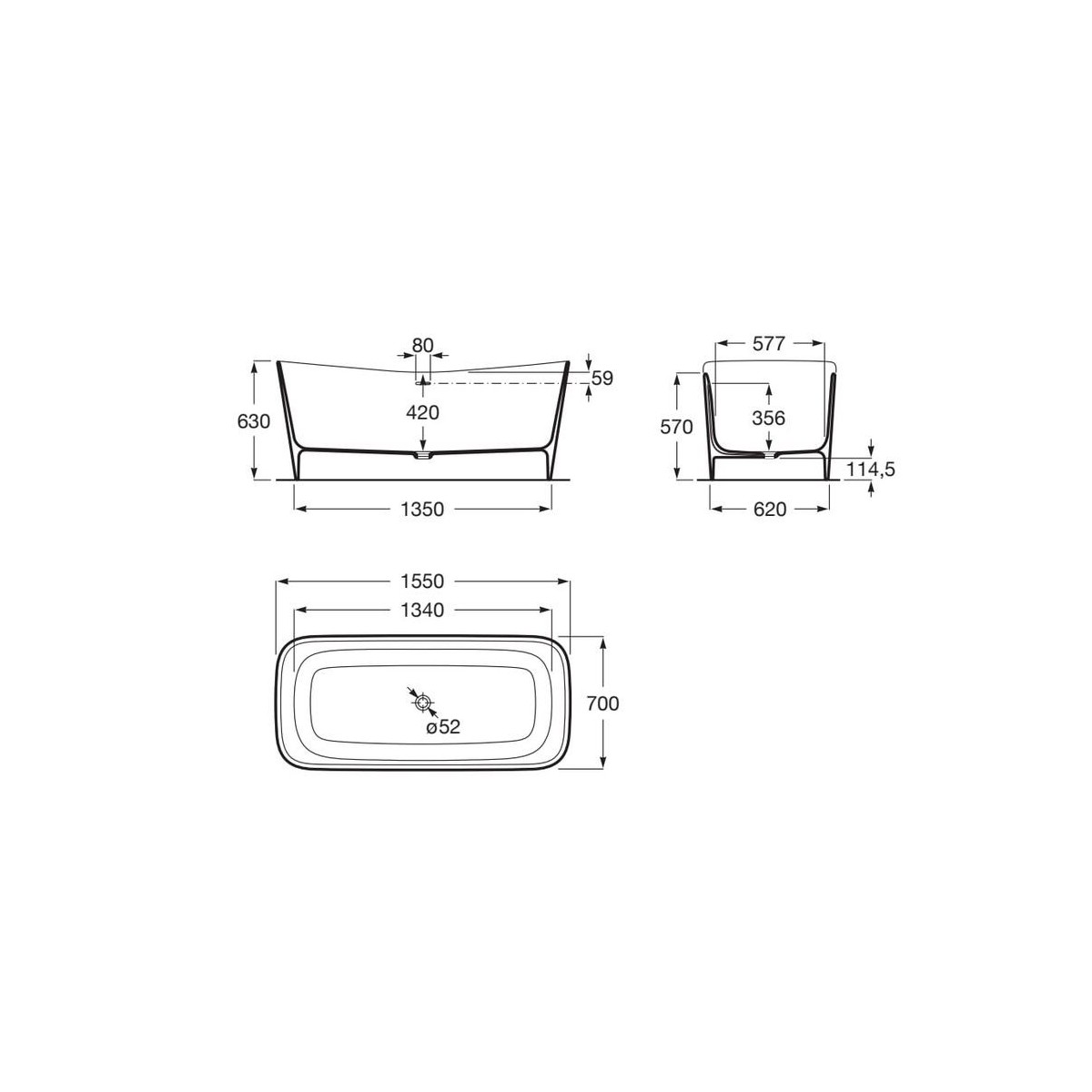 Maui Square Baignoire Stonex 1550X700 - ROCA A248502000 