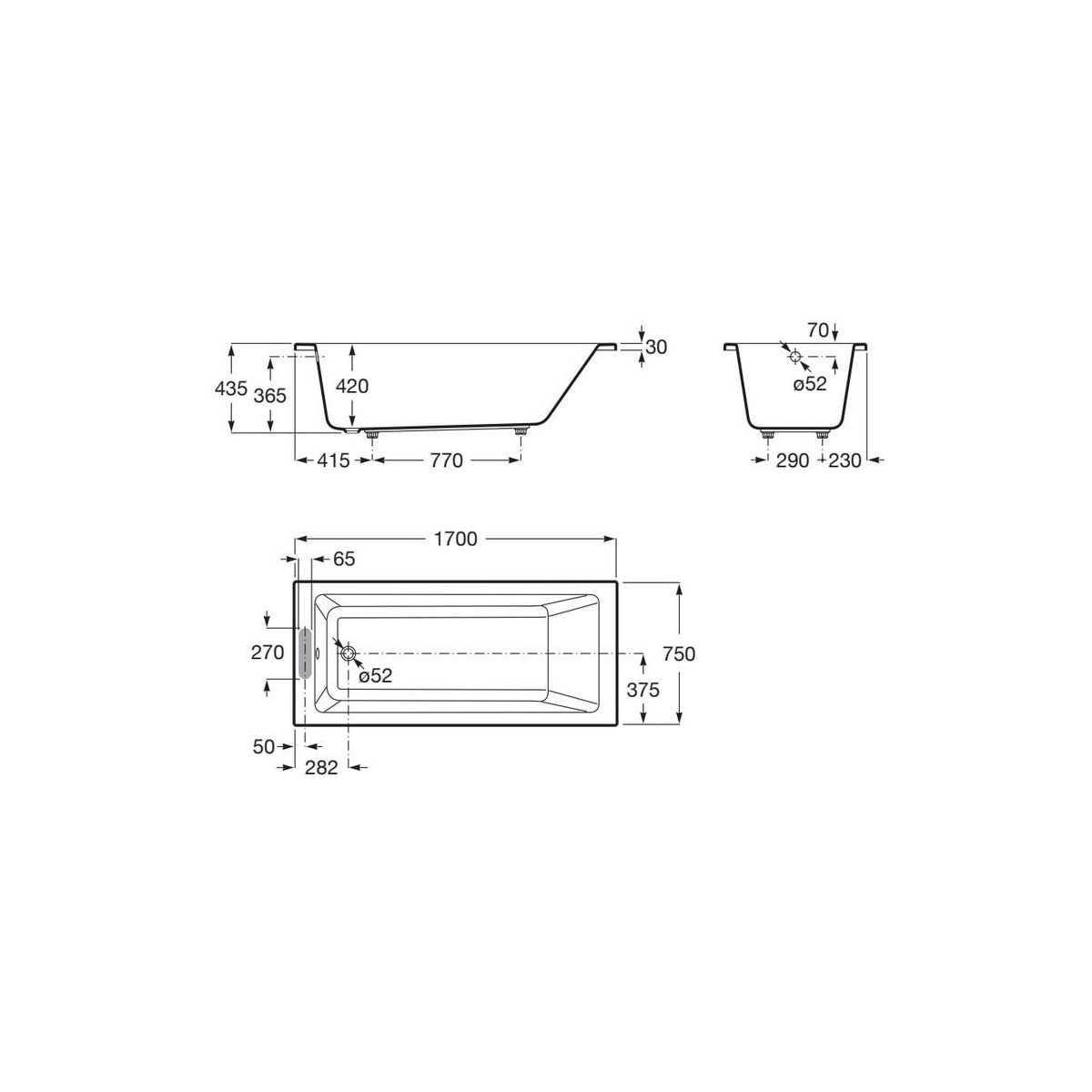 Vythos baign acryl avec pieds total 170x75 - ROCA A248603001 