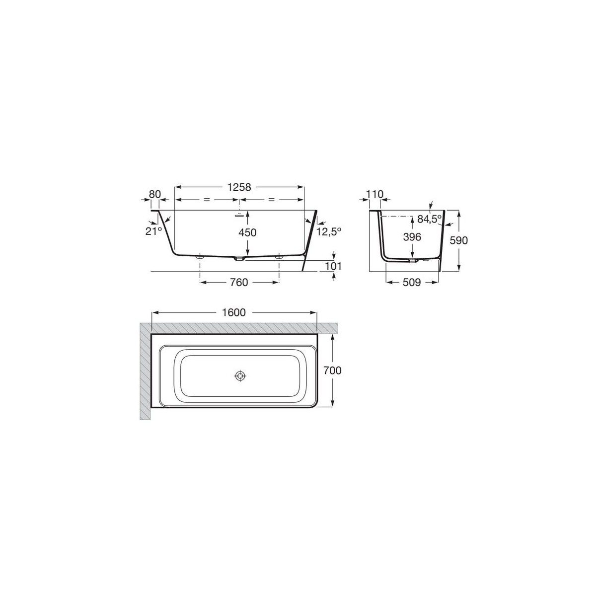Ona baignoire îlot en stonex d'angle asymétrique gauche 1600x700 blanc - ROCA A248629000 