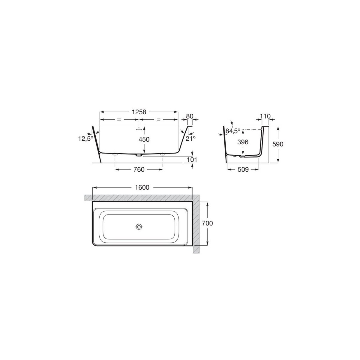 Ona baignoire îlot en stonex d'angle asymétrique droite 1600x700 blanc - ROCA A248638000 