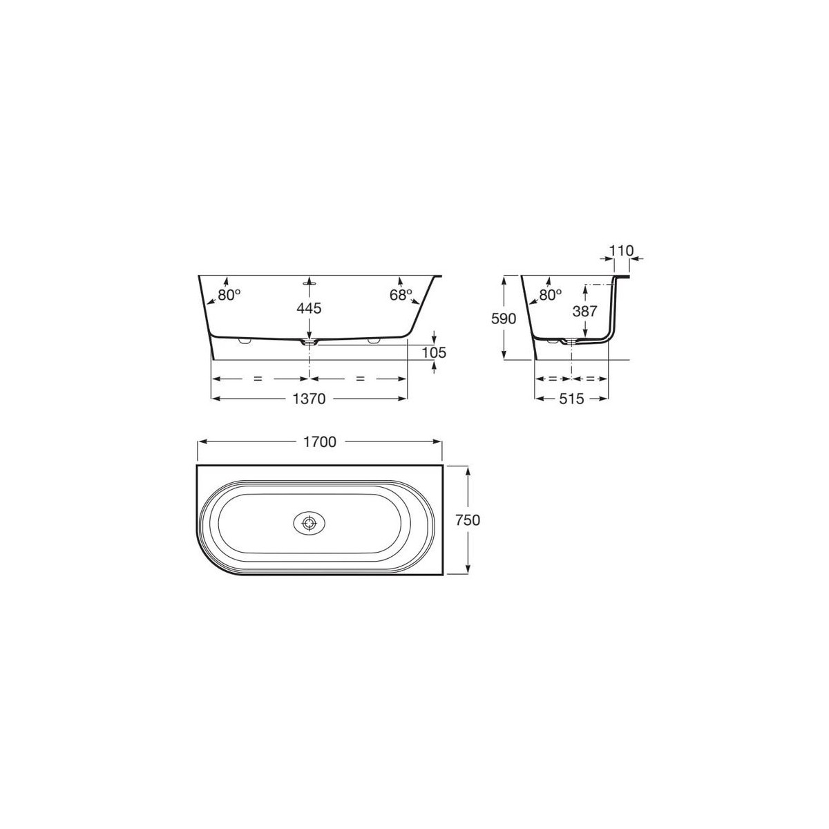 Raina baignoire d'angle droite stonex 170x75 blanc - ROCA A248667000 