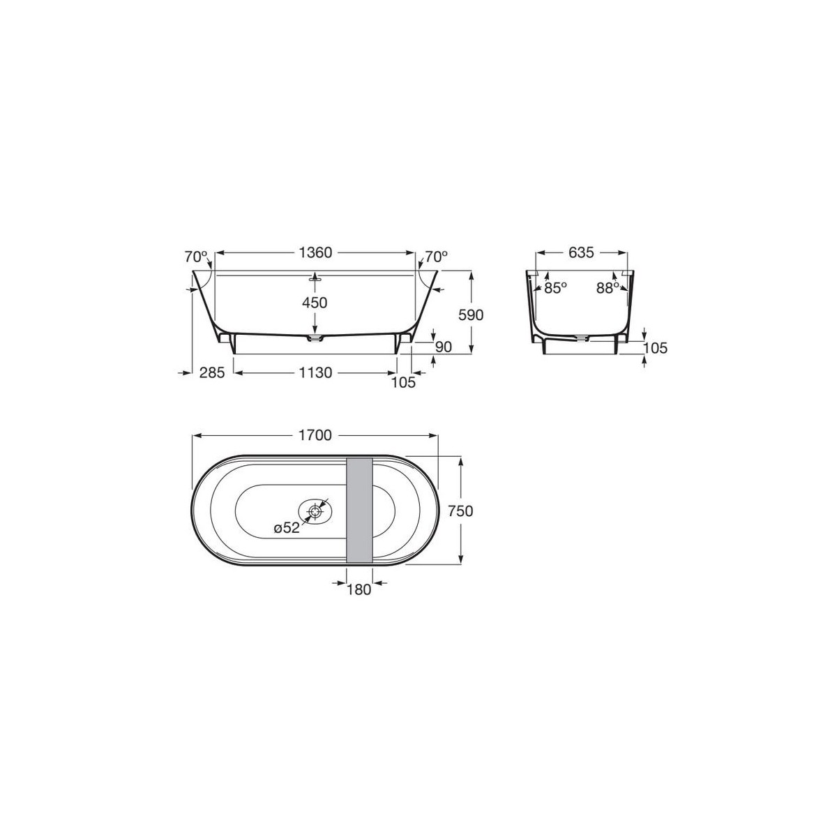Tura baign îlot stonex vid clic-clac t-plein tablette éclairage led 170x75 blc - ROCA A248672000 