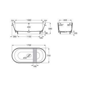 Tura baign îlot stonex vid clic-clac t-plein tablette éclairage led 170x75 blc - ROCA A248672000 