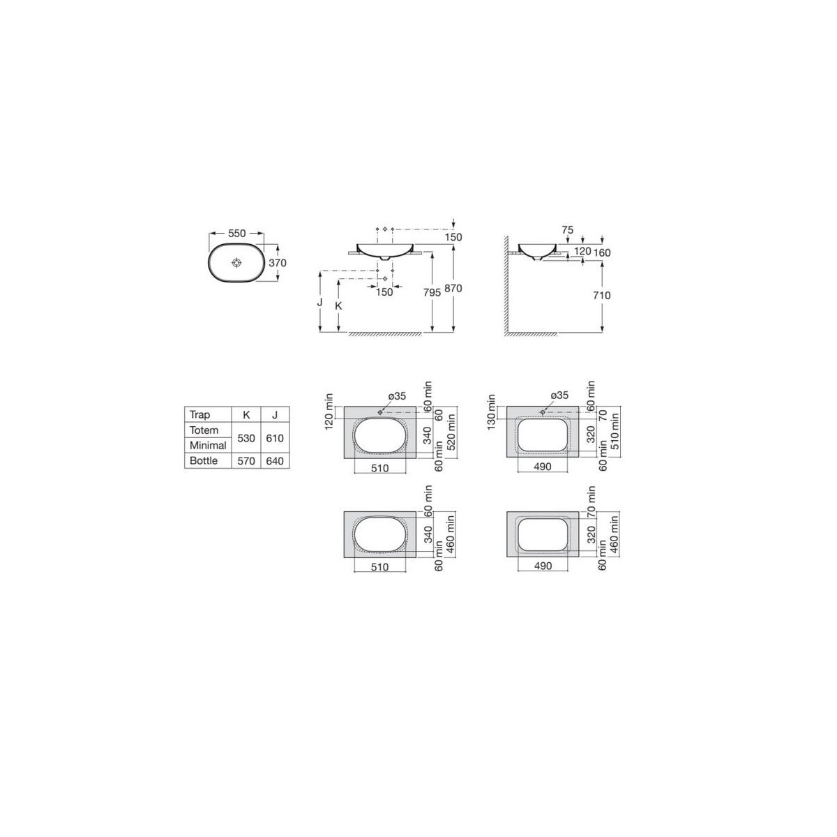 Inspira round semi-encastrée en fineceramic sans trop-plein 550x370 onyx - ROCA A327527640 