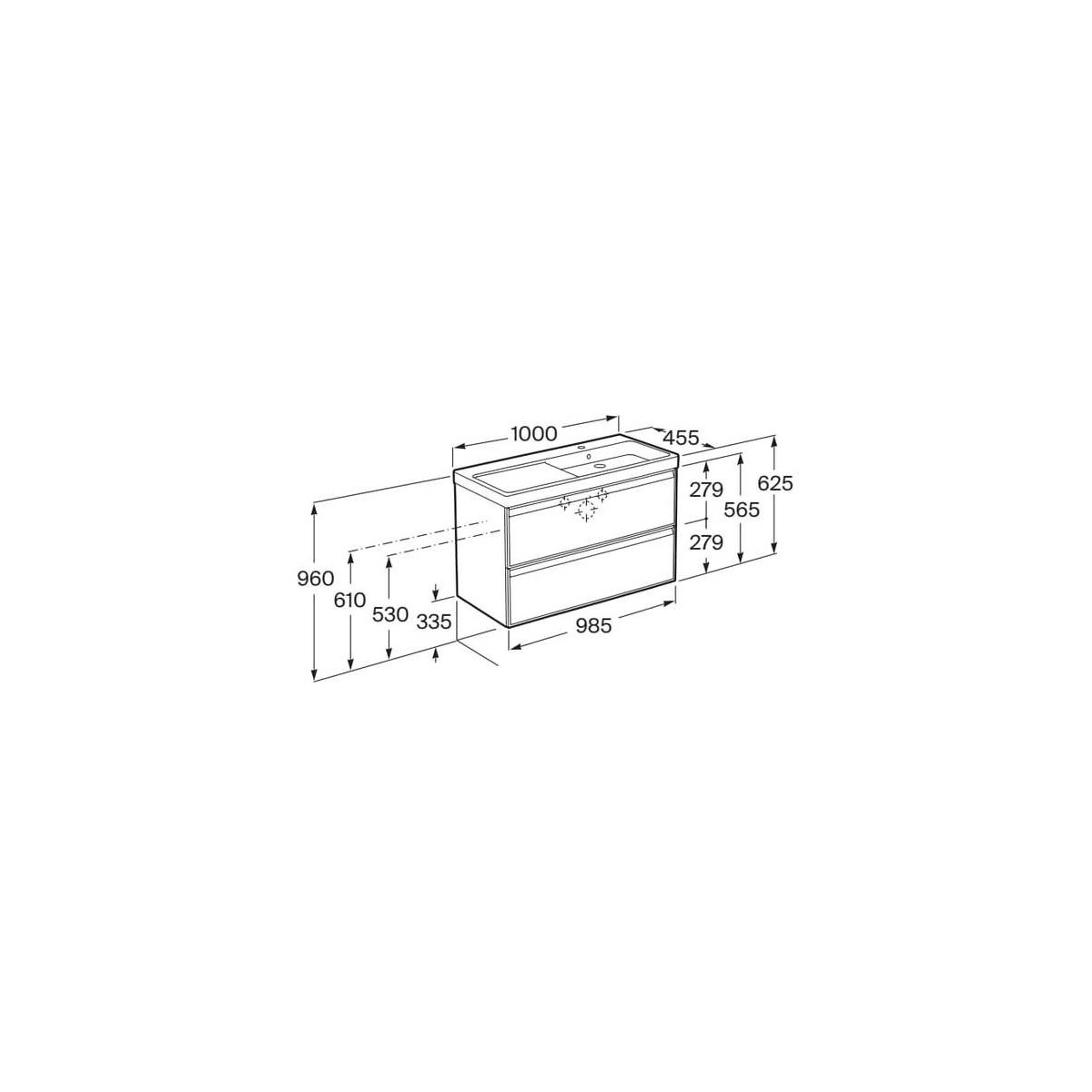 Linea unik (meuble+lavabo asymétrique à droite) 2 tiroirs 1000 cm bois naturel - ROCA A852492524 