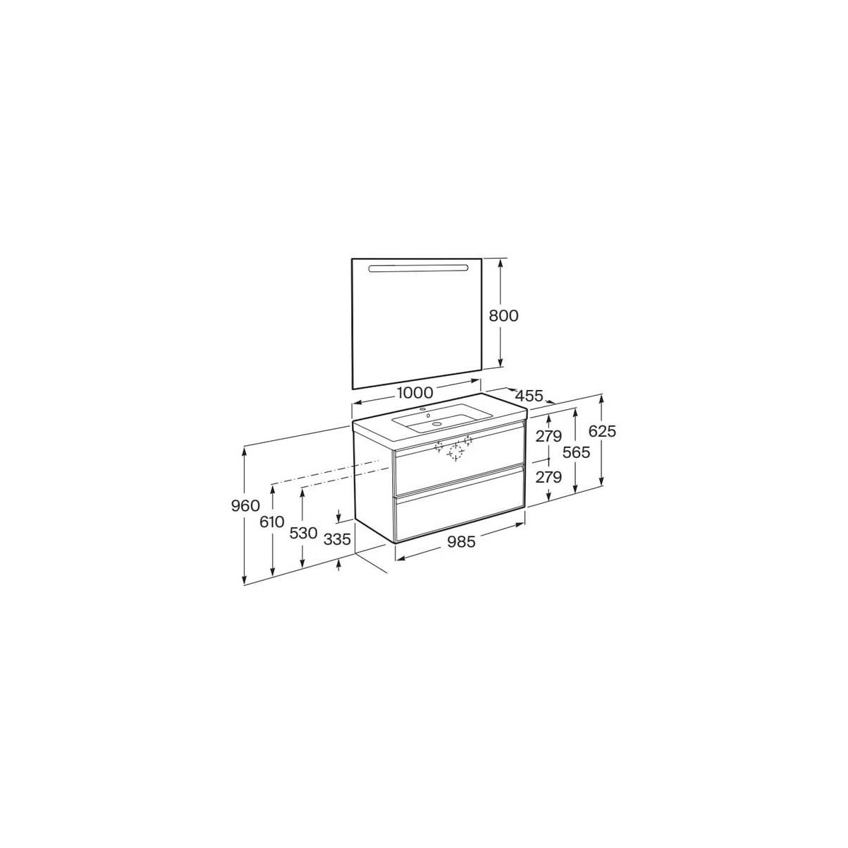 Linea pack (meuble+lavabo centré+miroir eidos) 2 tiroirs 1000 cm bois naturel - ROCA A852497524 