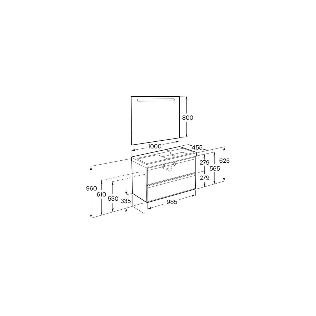 Linea pack (meuble+lav asymétrique droite+miroir eidos) 2 tiroirs 1000 mm bois - ROCA A852498524 