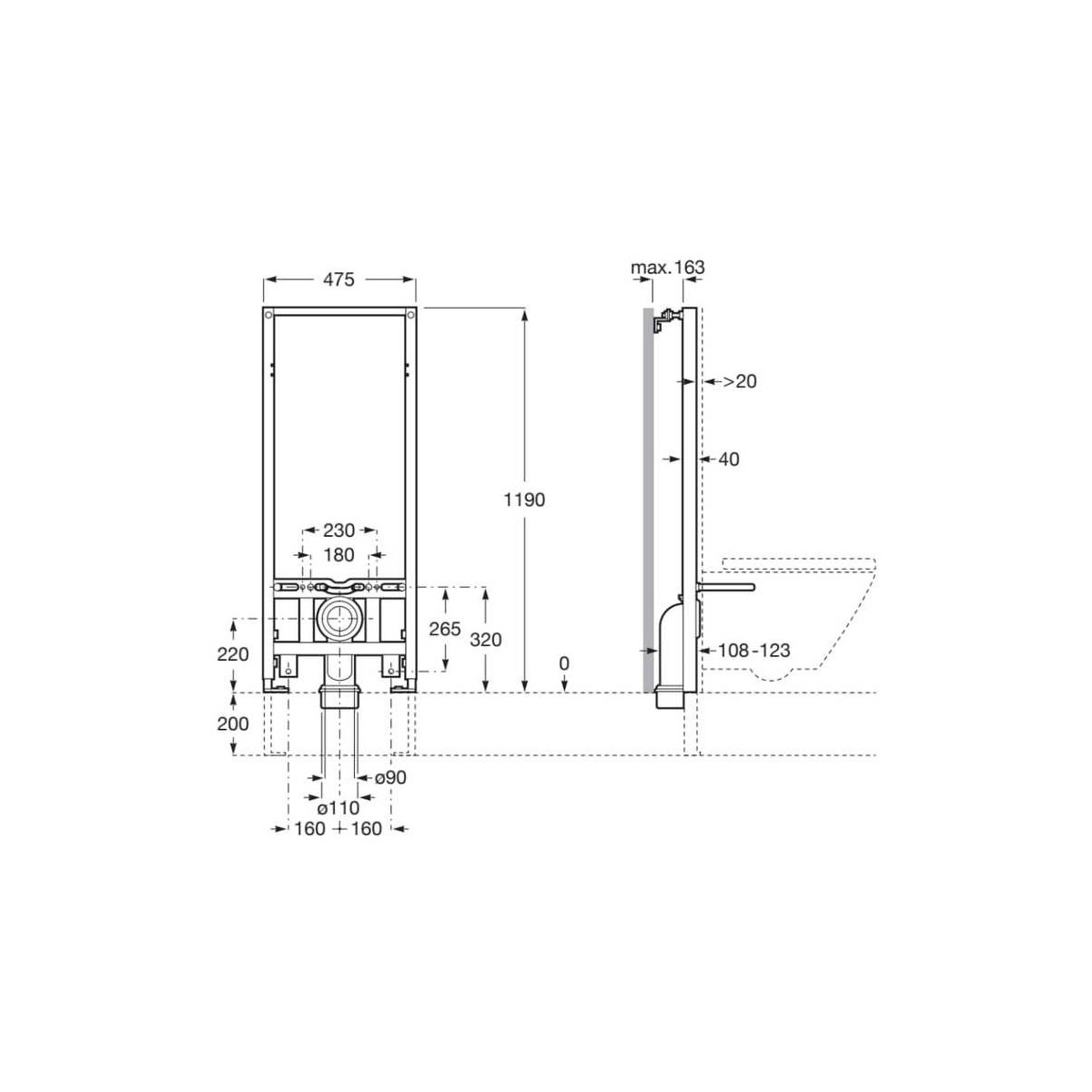 Duplo one bâti-support wc mural sans réservoir avec coude d’évacuation ø90/110mm - ROCA A890078100 