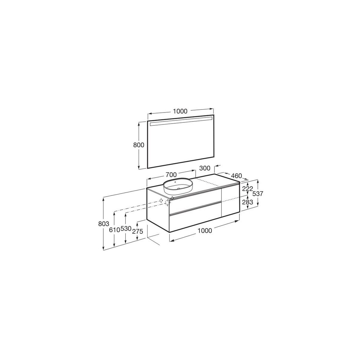 The gap meuble 2t+1p pr vasq à gche 1000 mm blanc mat/poignées noires - ROCA A851957509 